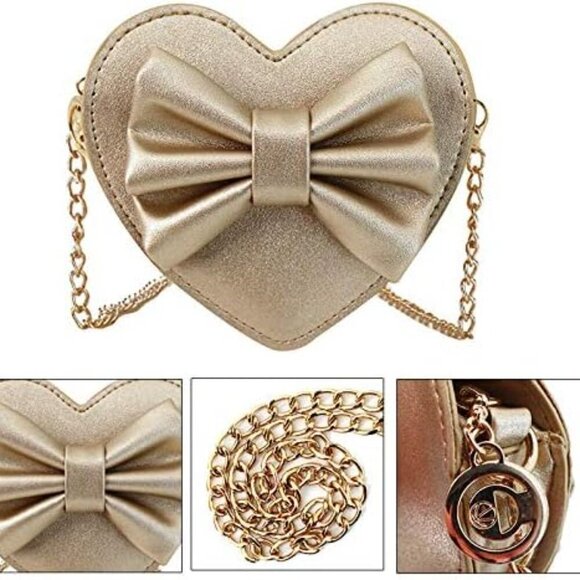 Girls Heart Shape Bowknot Mini Purse Crossbody Wallet Beige Gold Cute Compact Gi - Picture 4 of 7